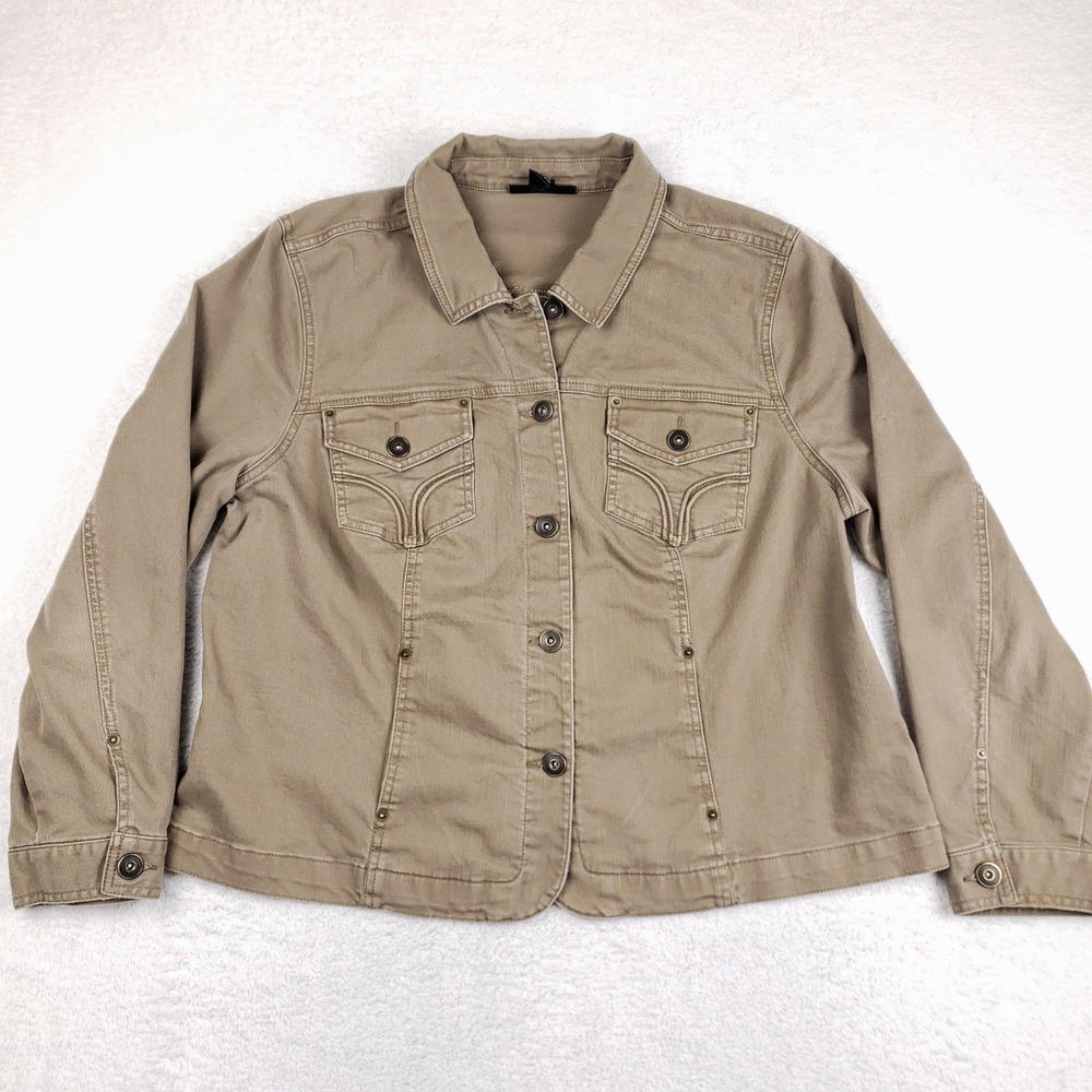 Style & Co Woman Khaki Tan Denim Stretch Utility Trucker Jacket Plus Size 18W